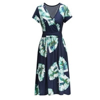 Haljine za žene ženski a-linijski kratki rukav V-izrez cvjetni duljina džepa vruća prodaja A-line haljine plave m