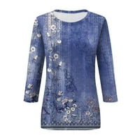 Tri četvrtine rukava cvjetni ženski ležerni ljetni vrhovi labav duga dužna majica za ženske ljetne radne bluze za posade za žene Blue XL