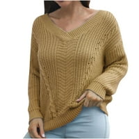 Ženski pulover pulover Klasični elastični džemperi s dugim rukavima šuplji V-izrez Duks od vrate Jesen zimski dugi rukav Europski pleteni džemperski džemper žuti m