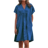 Ljetne haljine za žene Čvrsti V-izrez A-line, kratka haljina s kratkim rukavima plava s
