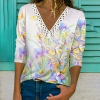 Ženska pad vrhova majica na plaži cvjetni ispis čipka za bluzu s dugim rukavima V-izrez ljubičasti xxxxl