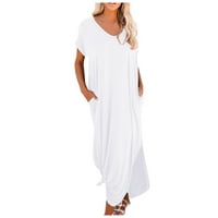 Clearsance Ljetne haljine za žene s kratkim rukavima, dugačka ležerna baš s linijom V-izrez bijela 5xl