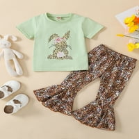 Bagilaanoe Toddler Baby Girl Easter Outfit Leopard Bunny Print Majica s kratkim rukavima Tors + pantalone