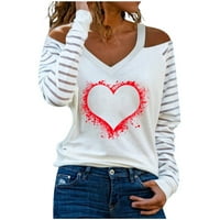 Ženski zaljubljeni vrhovi hladnog ramena seksi srca print v izrez dugih rukava majica Comfy Trendy bluza