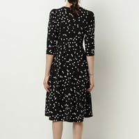 Modne žene O-izrez Tri četvrtina rukava Polka Dot Print Draped Party haljina Crna XL