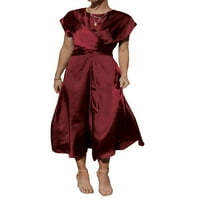Eyicmarn žensko ljeto MIDI a-line haljina od pune boje kratkih rukava okrugla vrata za zavoj