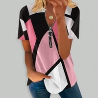 USMIXI Womens Ljetni vrhovi kratki rukav V-izrez Geometrijski tisak T majice Torbica sa zatvaračem Modna grafika Loop Fit Comfy pulover bluze ružičasti l