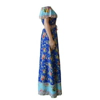 Ertutuyi ženski ljetni boemski tiskani struk V-ovratnik šifonska plaža duge haljine plavi xl