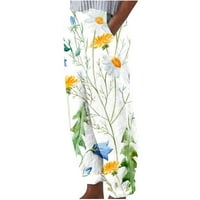 Ženske pamučne posteljine hlače obrezane capris ljetne casual udobne pantalone lagani elastični struk prozračan cvjetni pant Yellow M