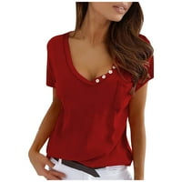 GDFUN Žene Casual Solid Color V-izrez kratki džepni rukav The Top bluza Majica Thirts Majice za žene