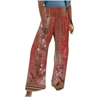 Žene Ljeto s visokim strukom cvjetni print pamučni posteljina palazzo hlače široke noge dugim salona hlače hlače sa džepom crveni xl
