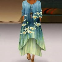Maxi Haljina za žene Fall Women Modne tipke Cvjetni ispis Labavi dugi rukav O-izrez Casual Maxi haljina tamno plave s