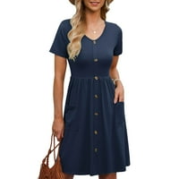 Wefuesd Ženske modne haljine za žene Žene Ljetne casual haljine kratkih rukava s gumbom dužine koljena s džepovima Plava L
