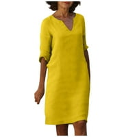 Ženska ljetna retro pune boje pamučna posteljina V-izrez Half haljina s pola rukava svijetla dimljiva haljina žuta s