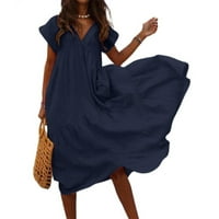 Bazyrey Ženski kratki rukav okrugli izrez Midi haljina ženska temperament Solid Color Swing haljina