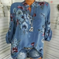 Ženski vrhovi Henley cvjetna bluza casual ženske modne majice kratkih rukava plava m