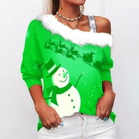 Tking modni ženski božićni print modni casual dugih rukava od jednog ramena seksi labav top - zeleni xxxxxl