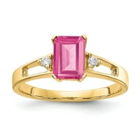 Čvrsta 14k žuto zlato 7x smaragdno rezanje ružičastog turmalina Oktobar u obliku dijamantske prstene