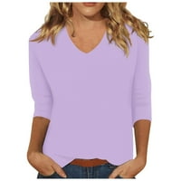 Qcmgmg Ženske vrhove za ljetne majice od punog u boji plus veličine V izrez Ženska majica Majica Labavi