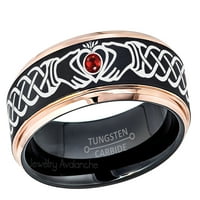 Claddagh Tungsten prsten - 2-tonska ruža zlata i crnog volfram Carbide Wedding - 0.07ct Garnet Tungsten
