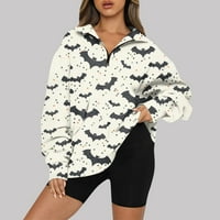 HA11O-Ween džemper za žene Ženska casual moda dugih rukava Ha11O-ween Print Prevelice Zip Dukserirt Vrh, bijeli