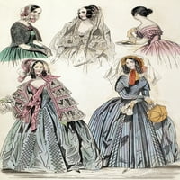 Ženska moda, 1842. Namerička boja modni otisak iz 'Godey's's's Knjiga' najnovijih moda iz Pariza, avgust
