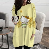 Nove ženske majice Spring Odjeća Hello Kitty Graphic O-izrez Džep s dugim rukavima Napuljavanje Streetwear Prevelizirane odjeće Dame