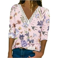Ženske dressy vrhove dugih rukava čipke V izrez šuplje cvjetni tiskani majica casual labavi fit pulover majica bluza