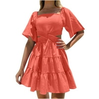 Odieerbi haljine za žene mini haljina Trendy boemski kvadratni vrat Elastic kratki rukav čvrsta haljina narančasta