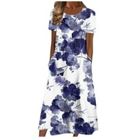 Clearsance Ljetne haljine za žene Kratki rukav Srednji duljina labava otiska s linijom okrugla dekolte dress plave s