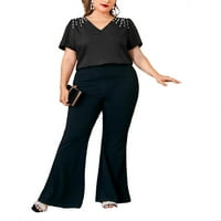 Ženska crna ravnica V izrez Elegantne kratke rukave plus veličina Bluze