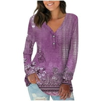 Fragarn ženska bluza za bluze casual labave košulje s dugim rukavima s vrhovima izreza tisak tiska The Majice Tee Hallowee Bluzes Purple XL