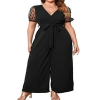 Ženska elegantna ravnica široka noga duboki V izrez Black Plus size Jumpsuits 0xl