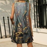 Mini haljine PBNBP za žene Ljeto cvjetni mramor Crewneck bez rukava s džepovima sa džepovima Rezervna