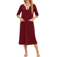 Ženske haljine: Amitofo lagani ljetni ogrtač za žene zip up rufne dame kućice salon sa džepovima, Burgundija & S