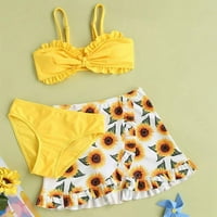 Djevojkov cvjetni print Frill Trim bikini kupaći kostim s suknjem na plaži, žuti 11- godina
