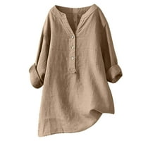 Turilly Womens plus čišćenje veličine Ženska V-izrez dugih rukava s dugim gumbom Pamuk i posteljina TUNIC košulja Ljetne majice Bluza