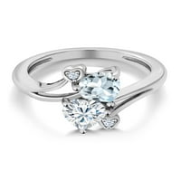 Gem Stone King Sterling Silver Dvostruki srčani prsten za žene Aquamarine Moissinite