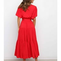 Symoidne duge haljine za žene - casual modni čvrsti V-izrez čipke za spajanje rukavska haljina crvena