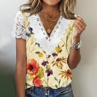 Ženska majica čipke Ležerne prilike, tiskani kratki rukav V izrez čipkasti patchwork majica s-2xl