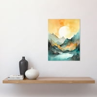 Sunce izlazi preko planinskog jezera Pejzaž moderni pastelni teal i akvarel narančasta slikanje Unfrant