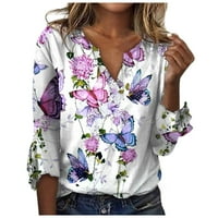 Ženski ruffle rukavi, Split V-izrez Flowy bluza Trendy Graphic Casual majica Loose Comfy Longhirt Proljeće