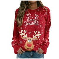 Gotyou Womens Božićne duksere, Raglan s dugim rukavima Elk Print majice Crewneck pulover vrhove crvene l