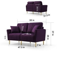Velvet Loveseat kauč za male površine, moderan tapecirani kauč sa zlatnim metalnim nogama i jastucima