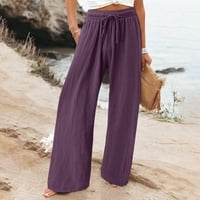Ležerne ljetne ženske pamučne platnene hlače trendy labave fit udobne vrećaste pantalone s džepovima lagane meke rastezanje elastične struke duge hlače ljubičaste s