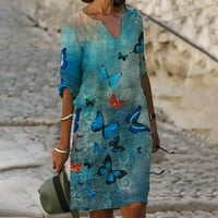 Tagold Womens rukavi haljine modne cvijeće tiskani struk sandress V-izrez Dress Duljina koljena Blue XXL