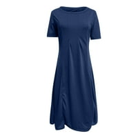 Ženske oblače srednje dužine kratkih rukava moda A-line pune ljetne okrugle dekoltene haljine Navy XL