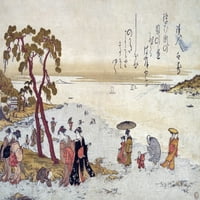 Djevojke okupljaju školjke na morskom plaču Print Utamaro