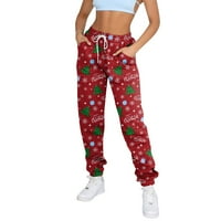 WANGXLDD ženski modni sportski božićni print džep za crtanje ležerne pantalone