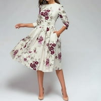 Hoksml haljine za žene na klirensu modna labava elegentna a-line vintage tiskari na rukavu okrugli vrat